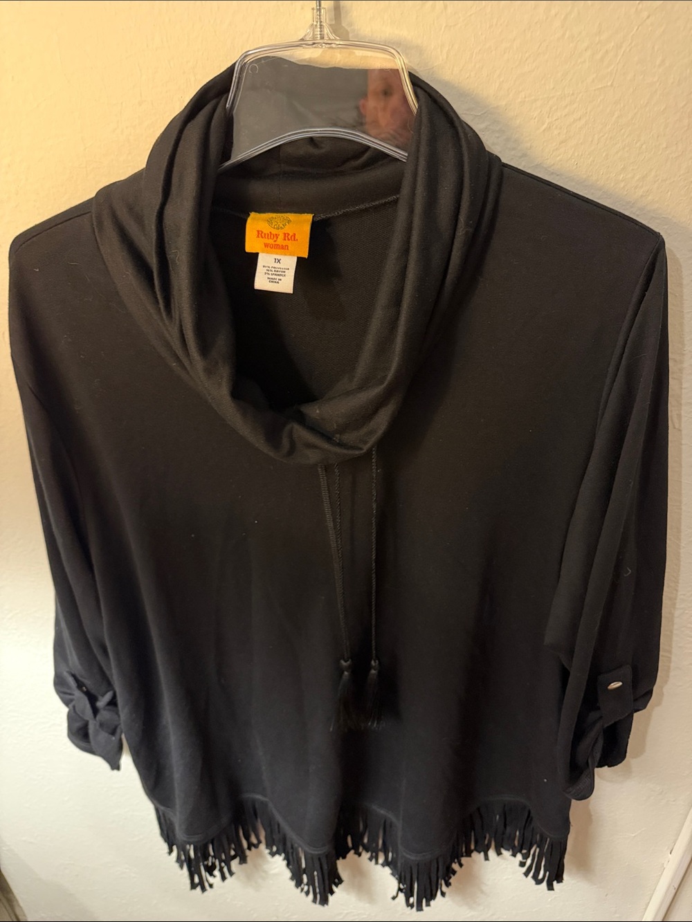 Ruby Rd. Black Cowl Neck Sweater with Fringe Hem and Tassel Ties